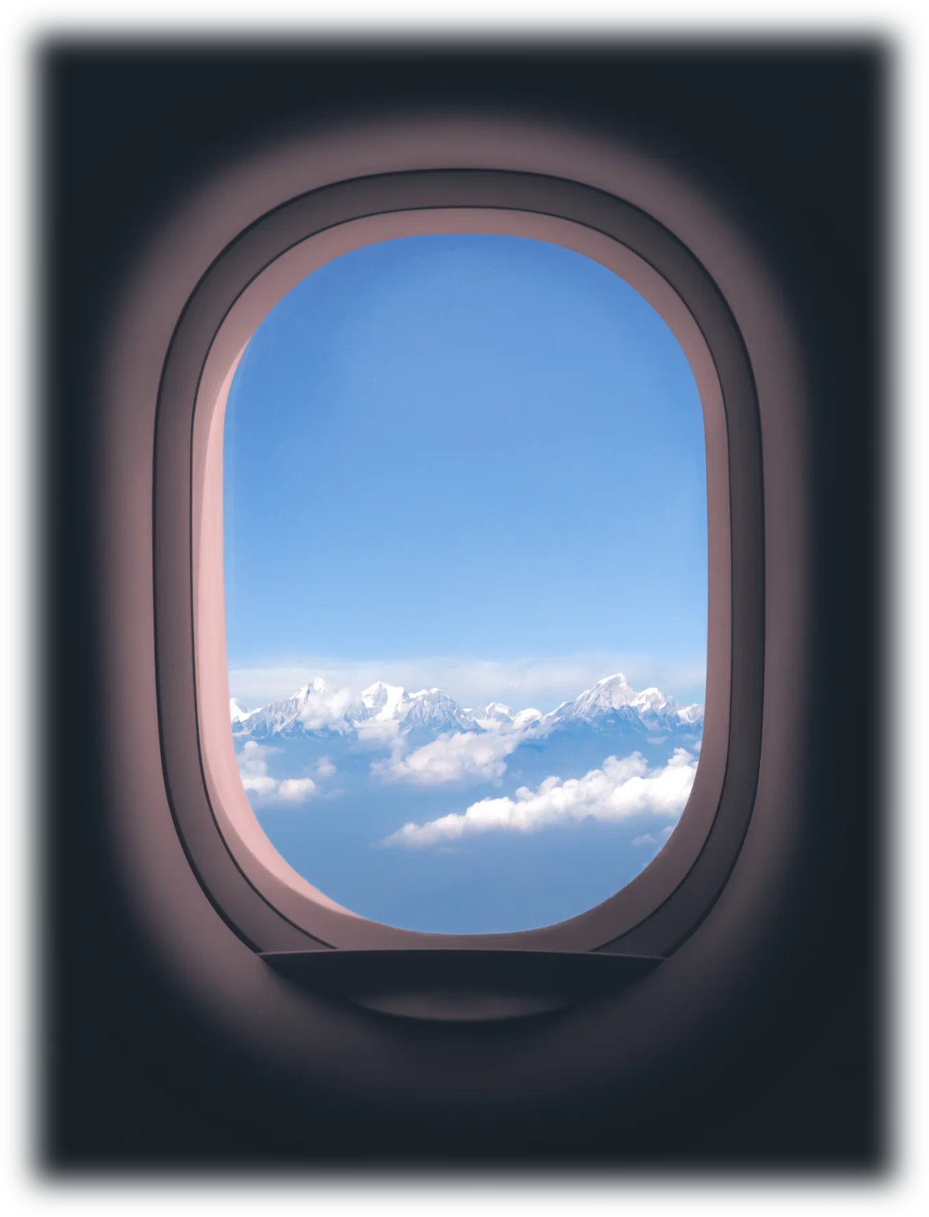Stylised photo of the view from an aircraft window, flying above the clouds